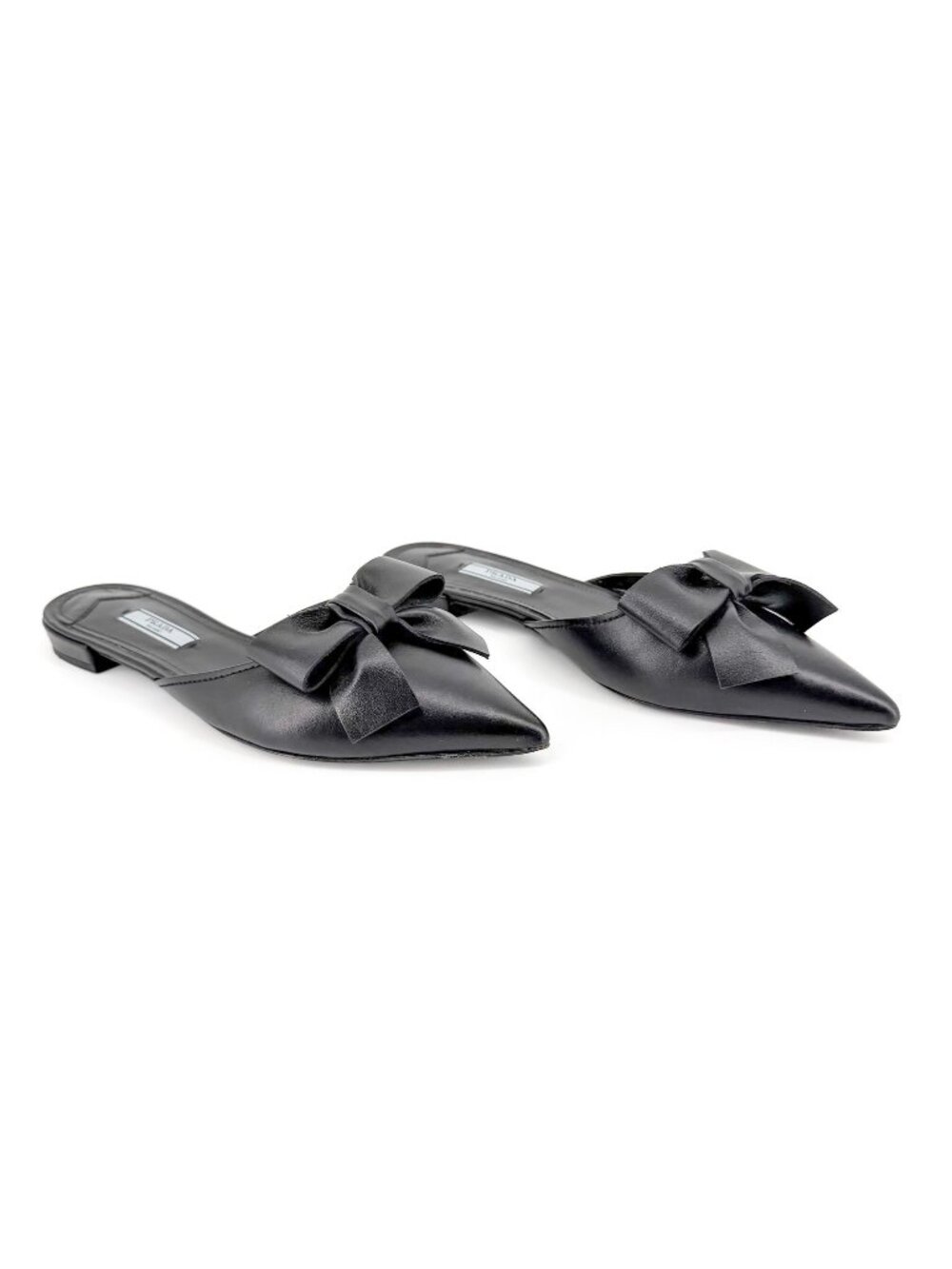Prada Pointed Bow Mule Flats Ballet Black Leather Size 38.5 US 8.5 Women’s